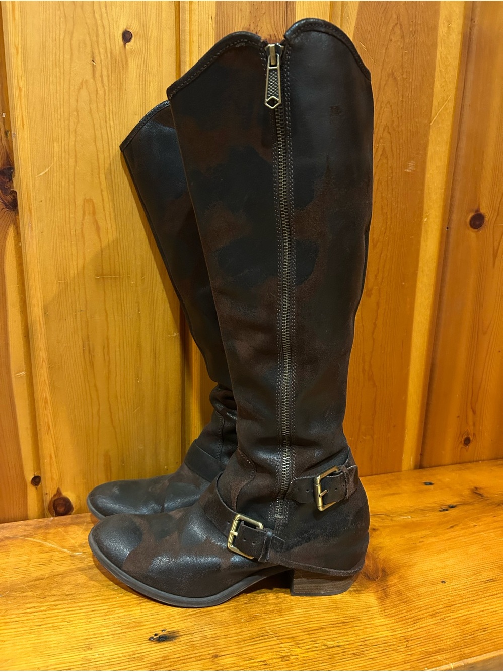 Dela Tall Brown Distressed Leather Riding Boots Buckle Strap Side Zip